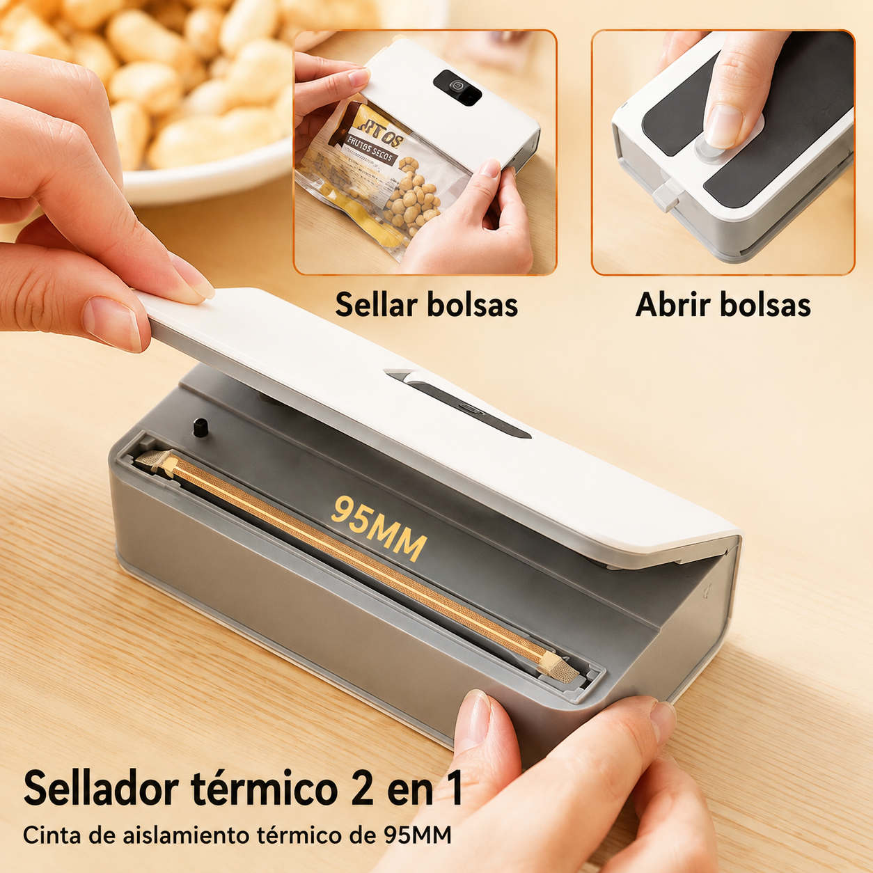 Sellador de bolsas de plástico, Mini máquina de sellado de bolsas térmicas 2 en 1